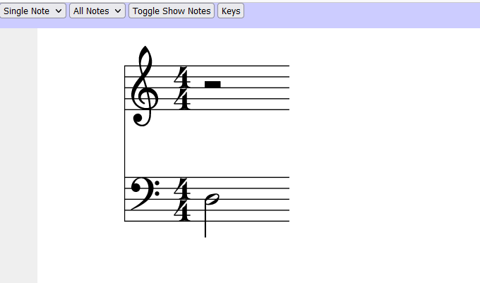 Screenshot of a white screen, in the center is a musical measure with treble and bass clefs visible.