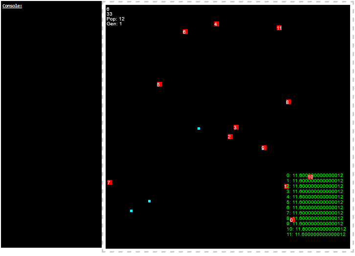 Screenshot showing red squares labeled with white numbers moving across a screen consuming blue food objects.